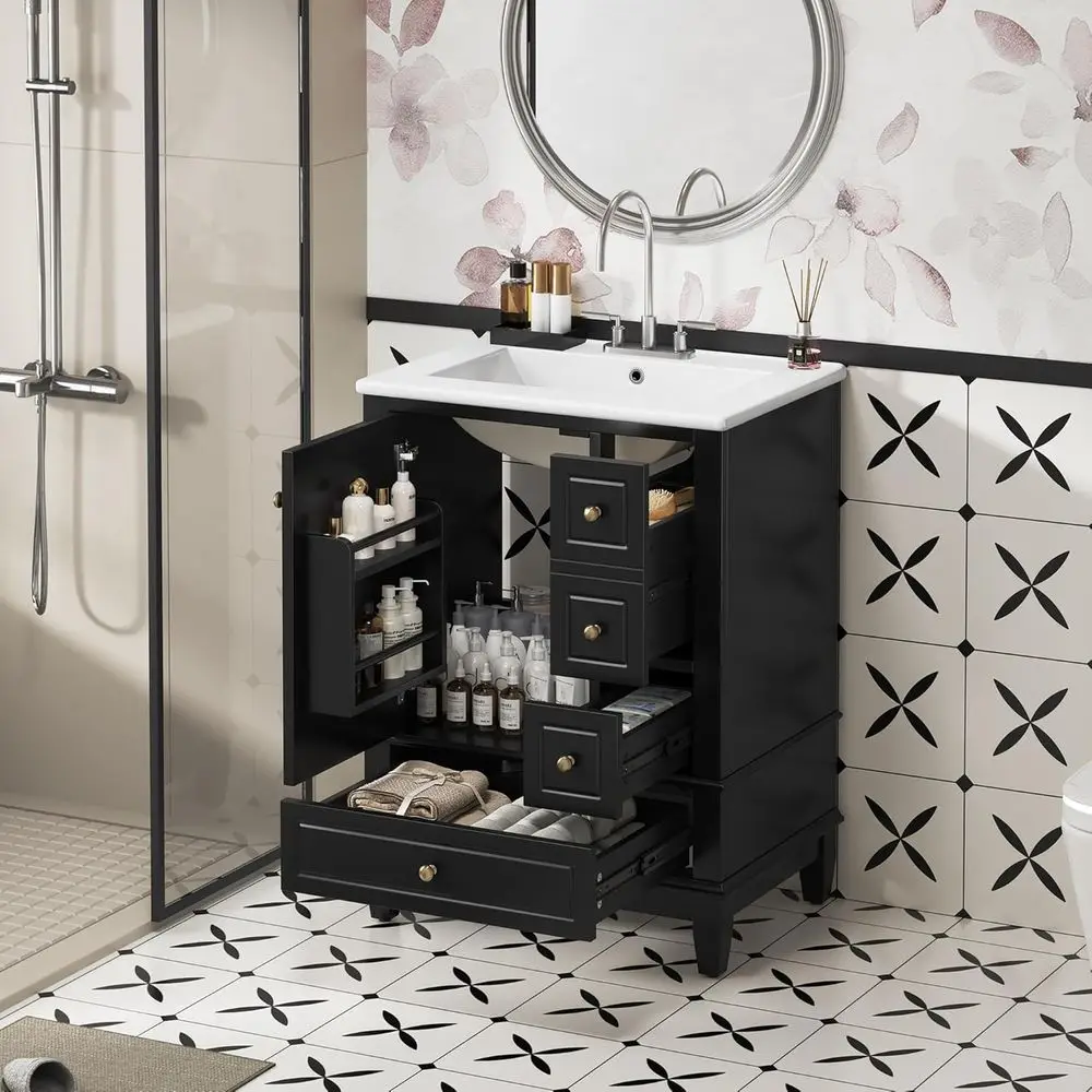 

24" Bathroom Vanities Cabinet with Ceic Sink Set Combo, Multi-unctional Storage Organizer Door Shel, Three Ders, Sot-Closing Doo