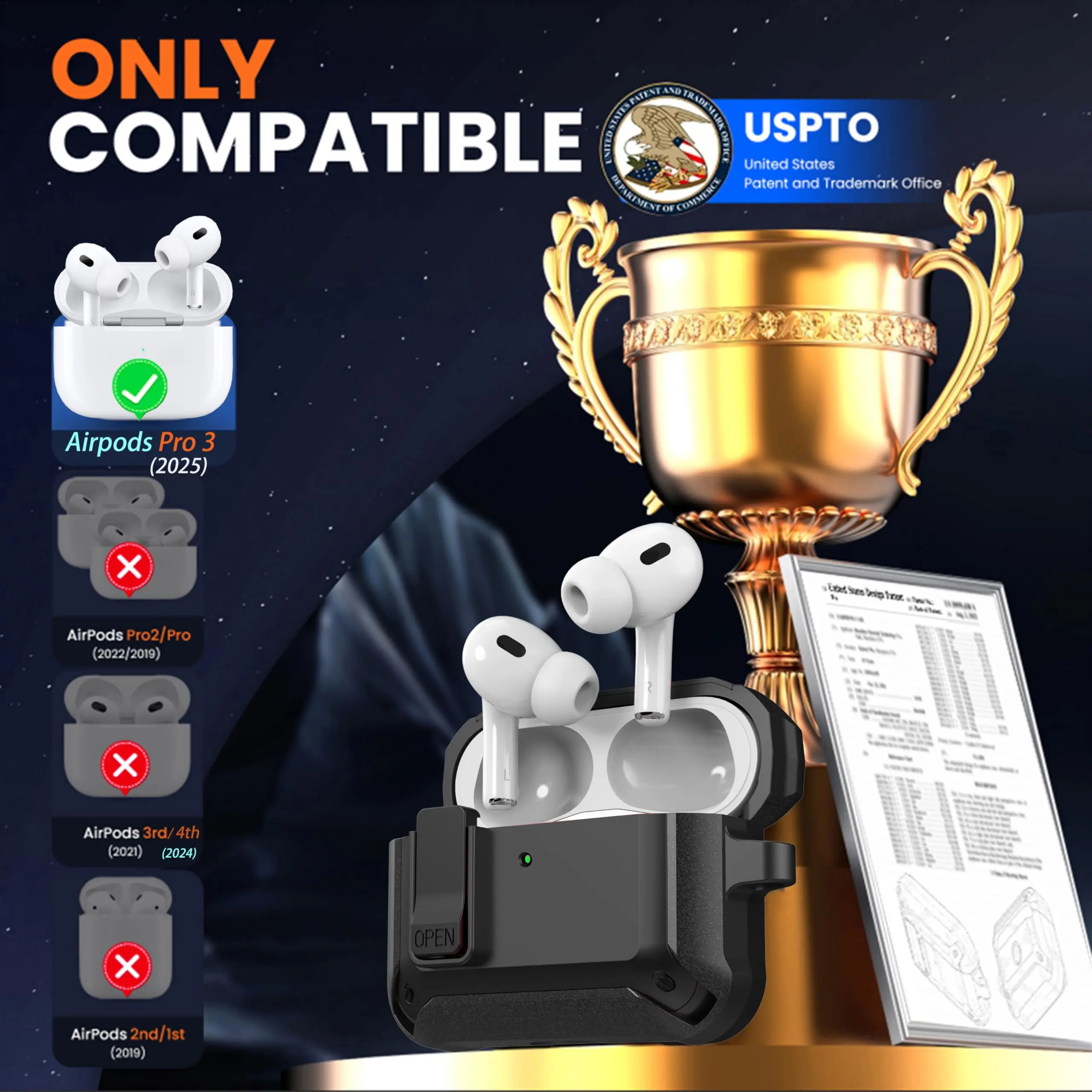 for AirPods Pro 3 Case Secure Lock 2025 Shockproof Protective Case Cover with Cleaning Kit&keychain Case for AirPods Pro 3 Men