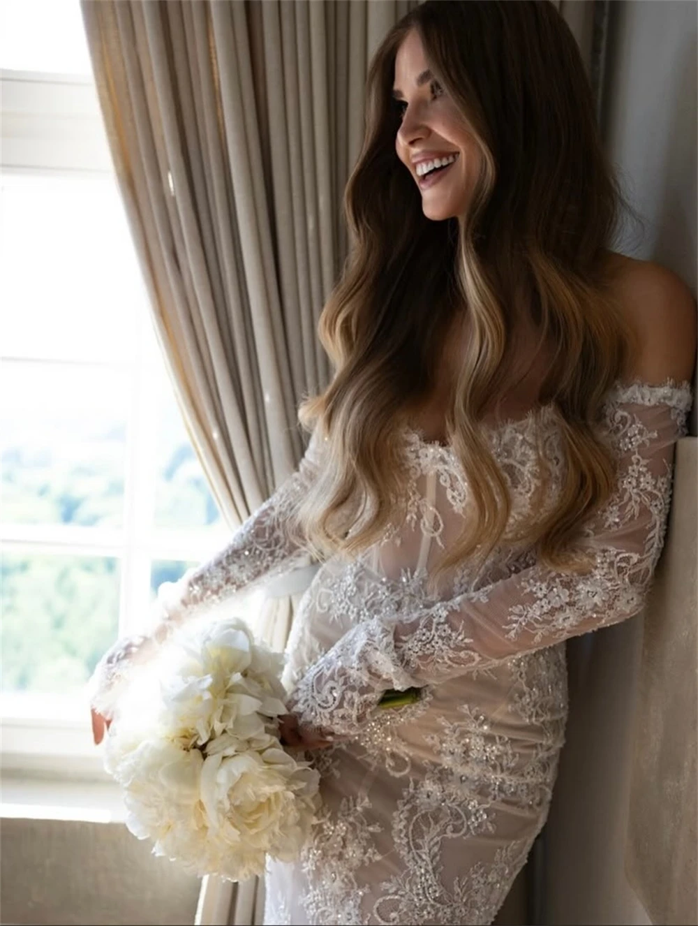 

Customized Sexy White Lace Wedding Dress Formal Sweetheart Long Sleeves Bridal Gown Classic Mermaid Court Train Vestido De Novia