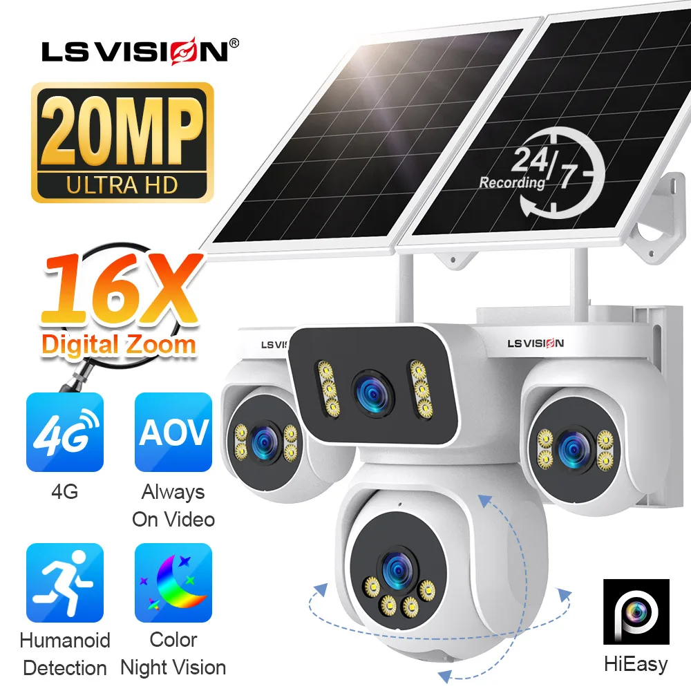 

LS VISION 4G Four Screen AOV Solar Camera 24/7 Recording Outdoor 20MP 16X Digital Zoom Auto Tracking Waterproof Security Cameras