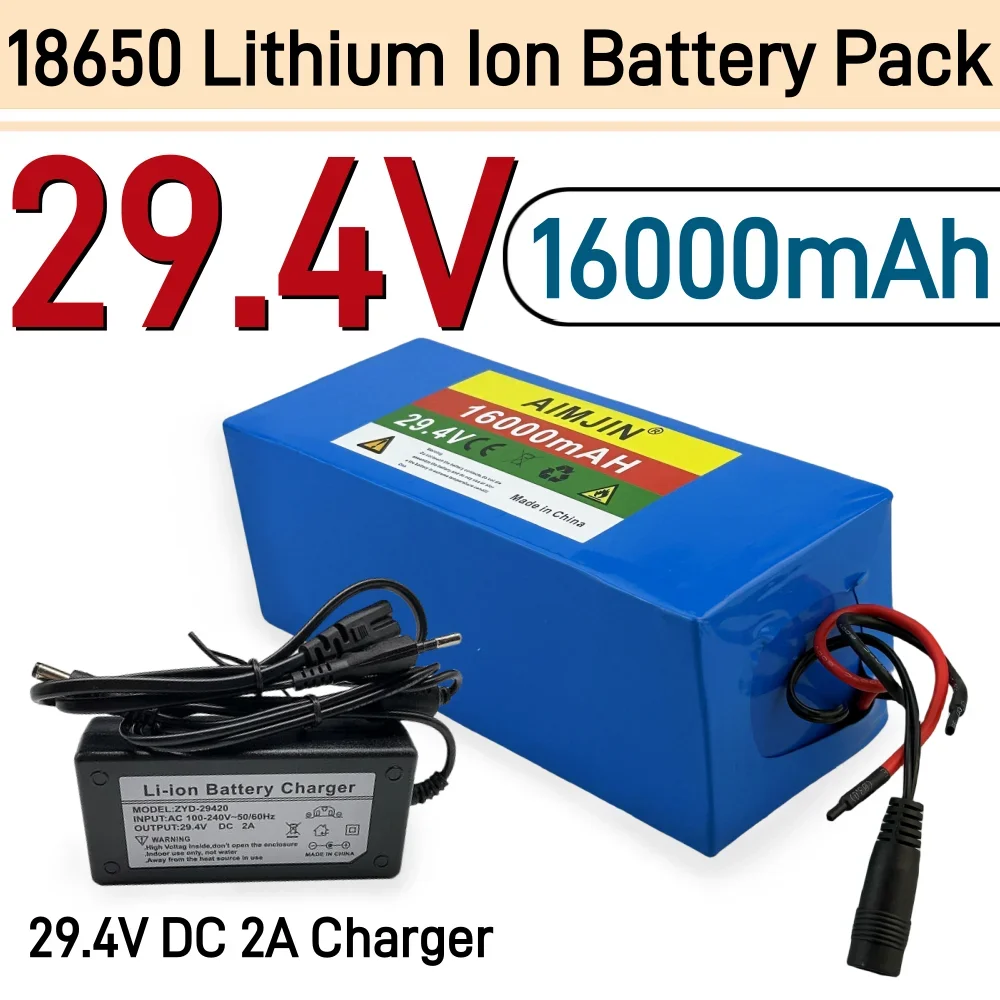 18650 7S5P 24V 16000mAh Rechargeable Li-ion Backup Battery Built-in BMS Suitable for Electric Bike Battery + 29.4V DC 2A Charger