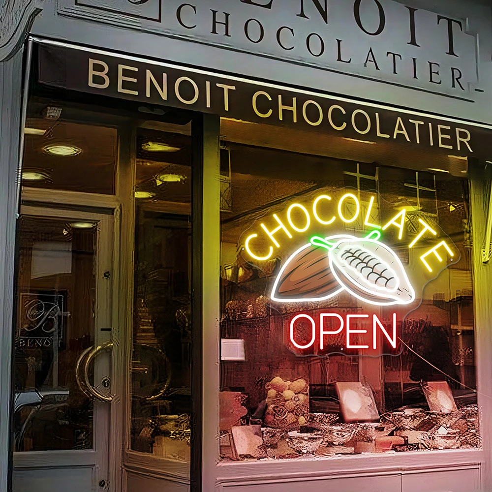 Chocolate Open Neon Sign Custom Chocolate Shop Open Outdoor Decor Neon Sign for Sweet Bakery Storefront Hangings LED Neon Light