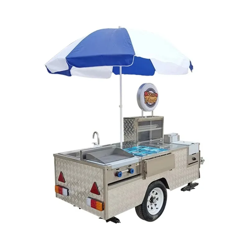 Hot Dog Cart/Stainless Steel Food Cart/Snack Food Cart Mobile Snack Cart with Sink Juice Cart