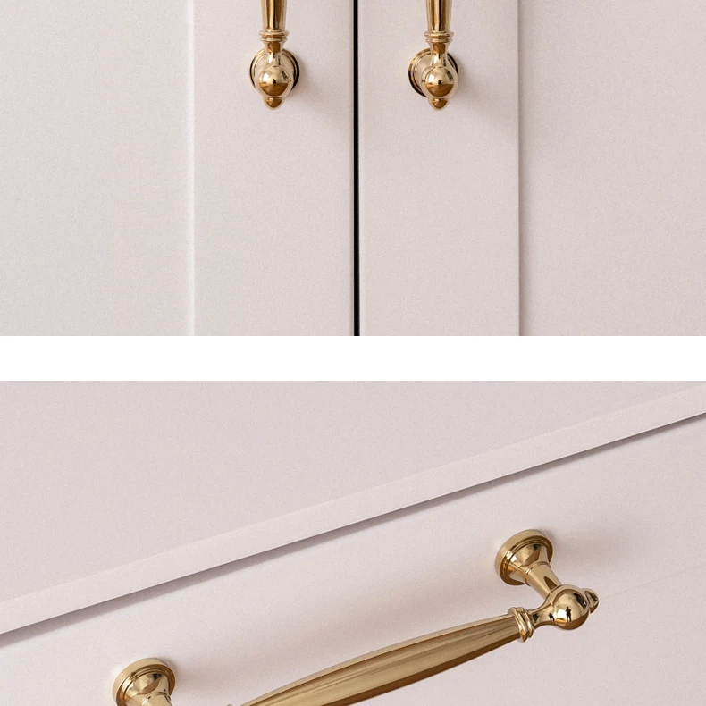 Gold bar handle fitted horizontally to a white drawer