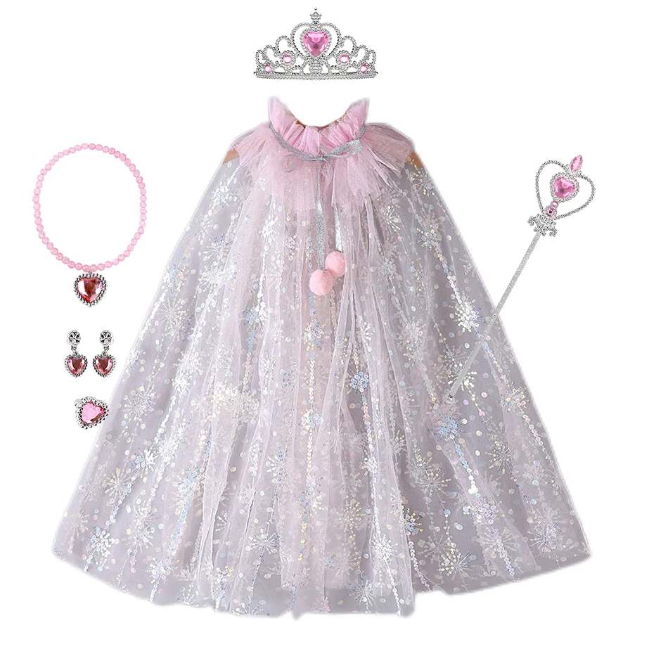 Girl Princess Costume Kids Party Accessories Cloak Crown Wand Necklace Earrings Rings Set Elsa Anna Rapunzel Aurora Tulle Cape