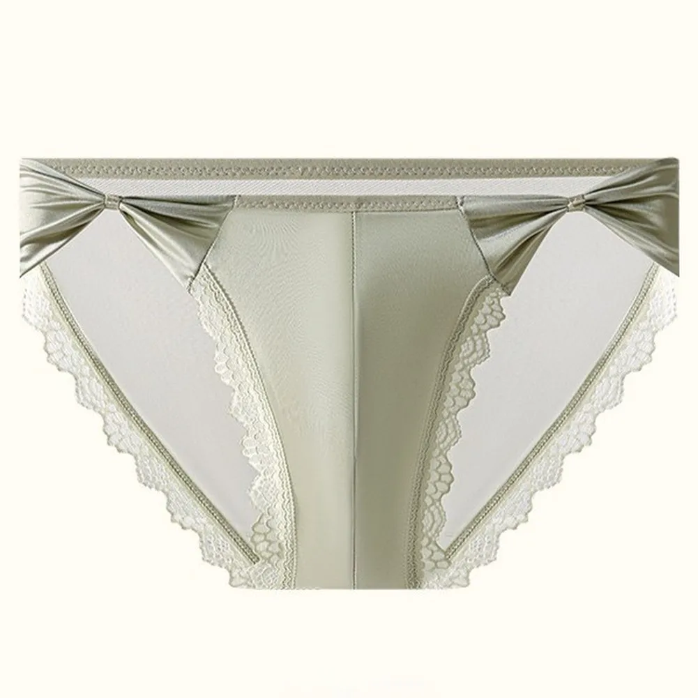 Men's Lace Ice Silk Briefs with Bulge Pouch High Split Design Satin Underwear for Men Bowknot Detail Breathable Comfort