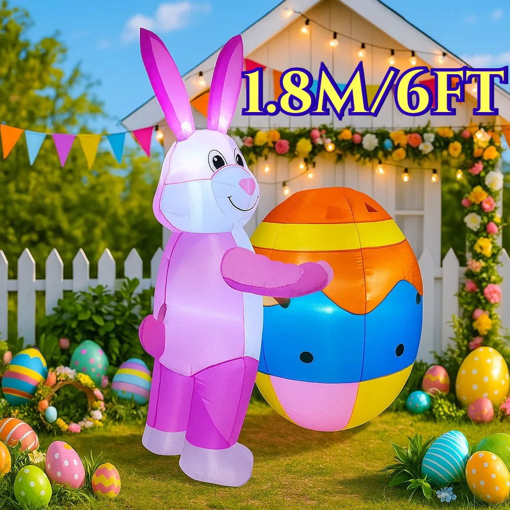 Outdoor Holiday Decorations 1.8M/6FT Happy Easter Inflatable Pink Rabbit and Large Egg LED Lights Model Decor Garden Ornaments