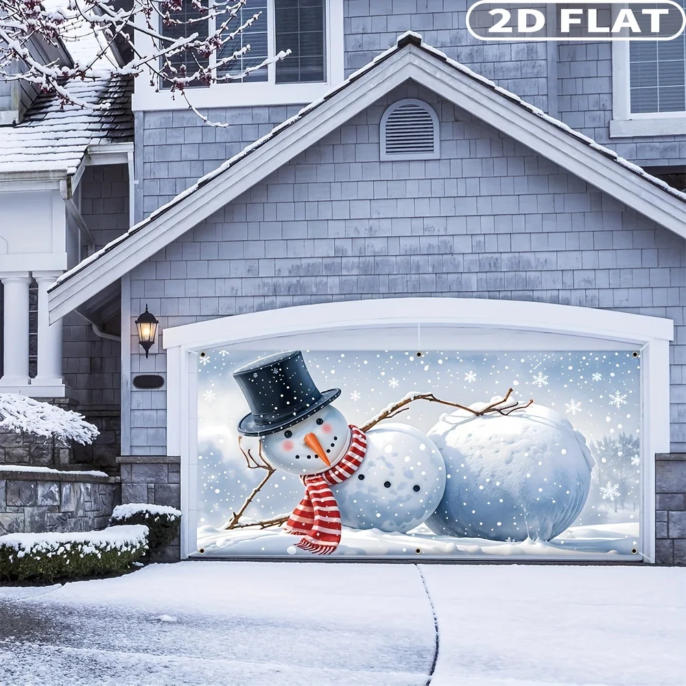 

1pc 2D FLAT Durable Polyester Christmas Garage Banner - Snowy Snowman & Snowball Design, Perfect For Winter Celebrations