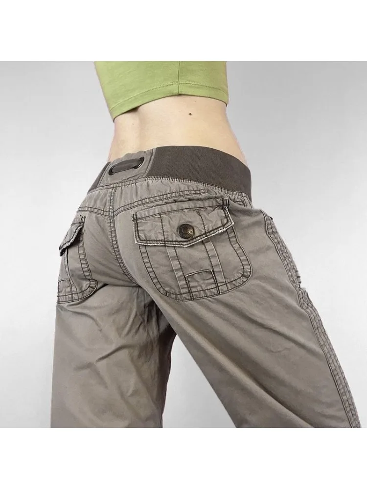 جينز نسائي عتيق برباط Y2k Harajuku بخصر منخفض جيوب أمريكية كلاسيكية بنطلون مستقيم ملابس خروج غير رسمية سراويل جيارو