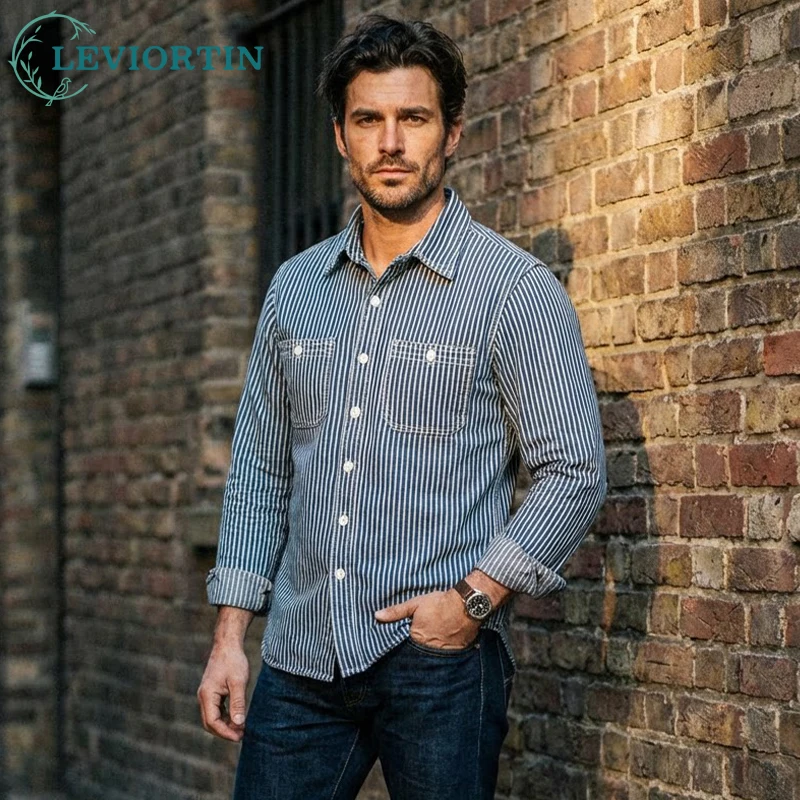 

Men's Vertical Striped Workwear Shirt American Retro Double Pocket Washed Canvas Long Sleeve Casual Button Down Cargo Shirt