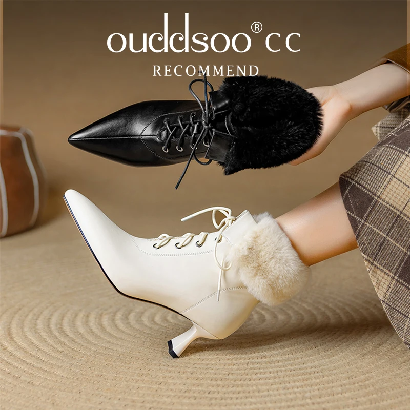 

Ods Chic Black Leather Women Ankle Boots Sexy Pointed Toe Thin High Heels Dress Botas Winter Mink Fur Short Suede Botines Femmes