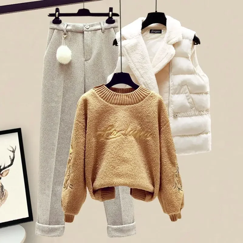 Thickened Cotton Jacket Vest Knitted Long Sleeved Sweater Pullover Woolen Pants Three Piece Elegant Women\'s Pants Set A973