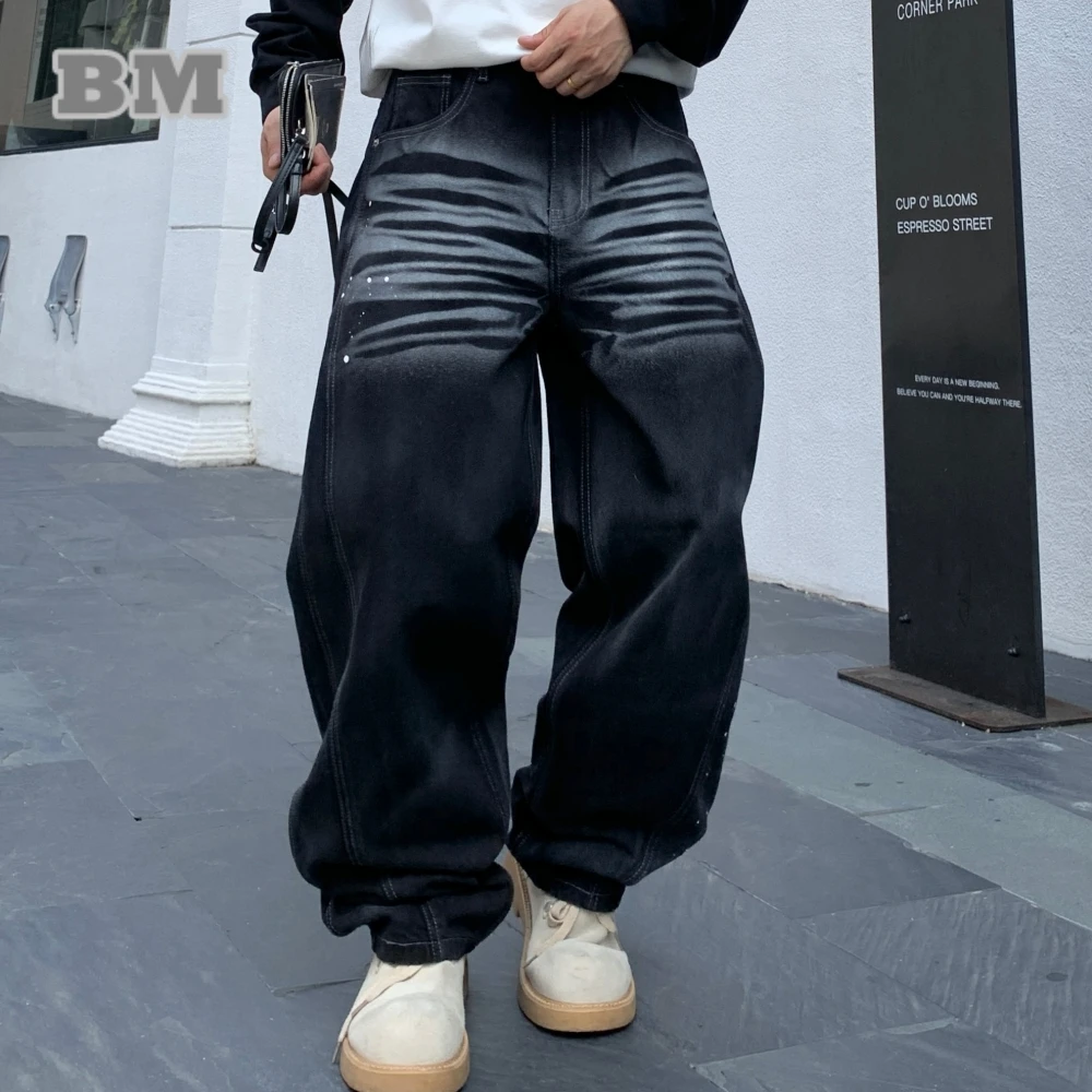 

‌Korean Hip Hop Black Baggy Jeans For Men Spray Paint Graffiti Print Trendy Long Pants Streetwear Skate Denim Stacked Trousers