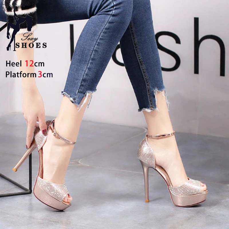 Shiny Diamond Women Peep Toe Sandals Gold Platform Summer 12CM Wedding Dress High Heels 2024 New Luxury Rhinestone Party Shoes