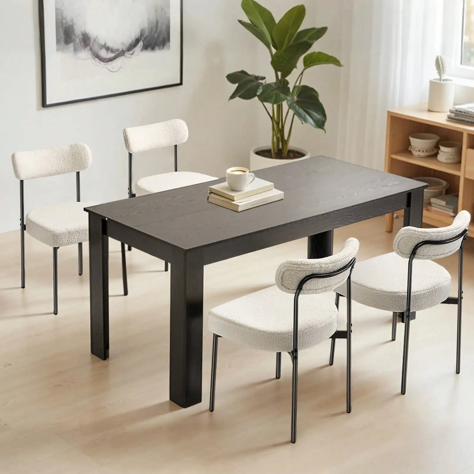 Boucle Dining Chairs Set Of 2, Mid Century Modern Sherpa Accent Chairs, Upholstered Side Chair For Dining Table, Space-Saving White Kitchen Table Chair With Curved Backrest And Black Metal Legs