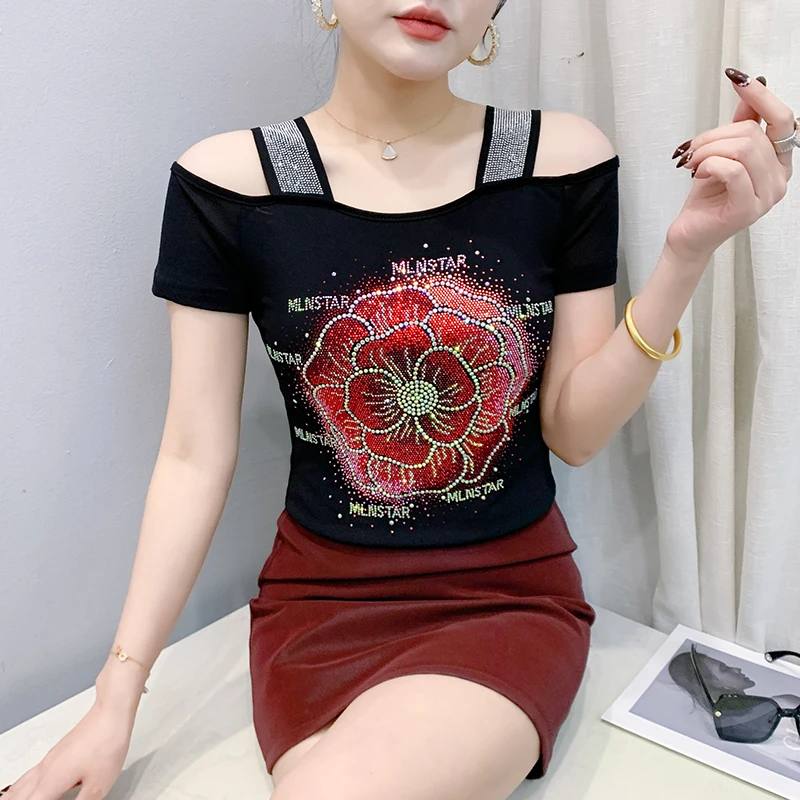 Streetwear Girl Summer Chic Clothes Mesh T-Shirt New Hot Diamonds Women Tops Short Sleeve Off Shoulder Tees