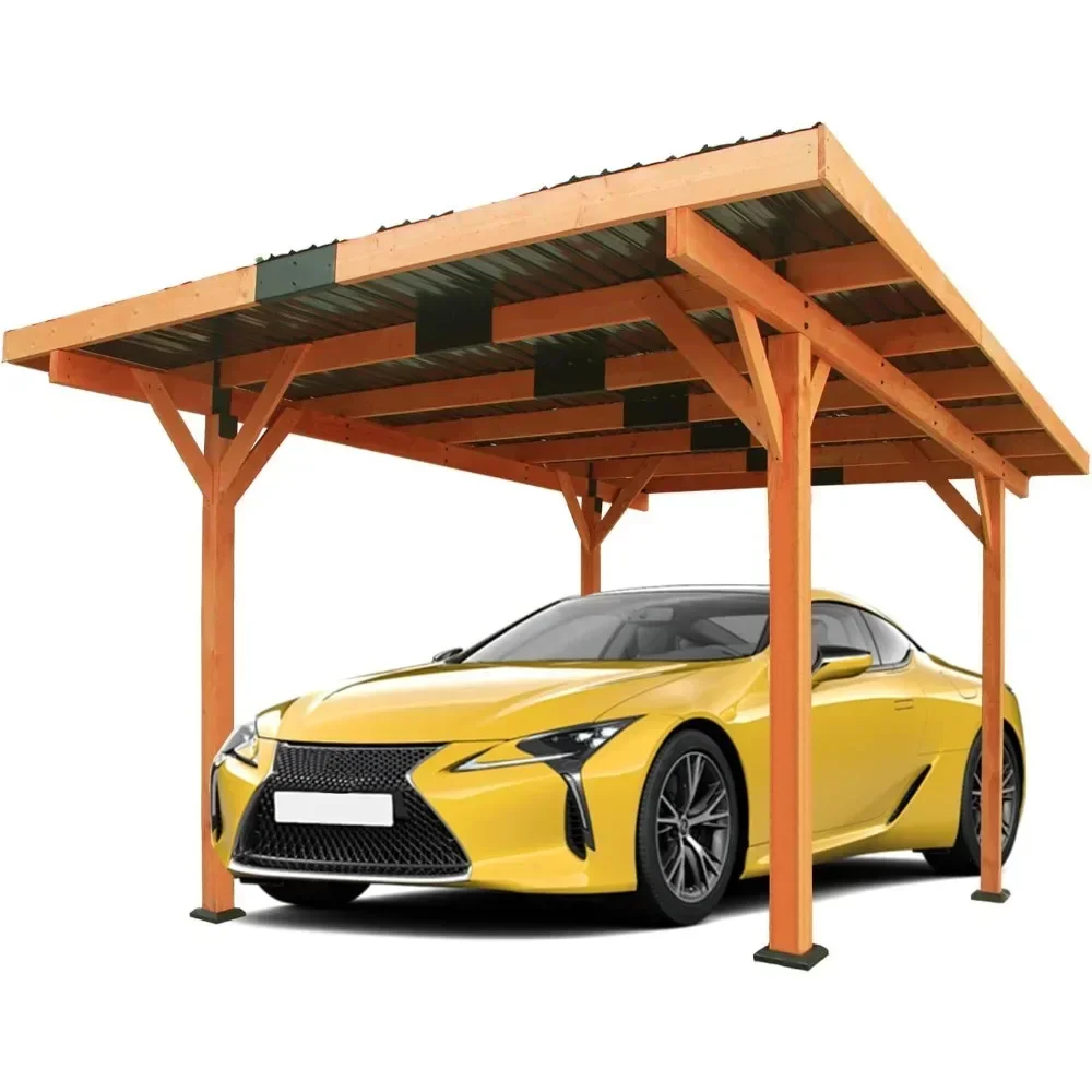 18.3 x 12.6 x 7.8 FT heavy-duty wooden carport, outdoor carport shelter with steel roof, hardtop pavilion for parking vehicles