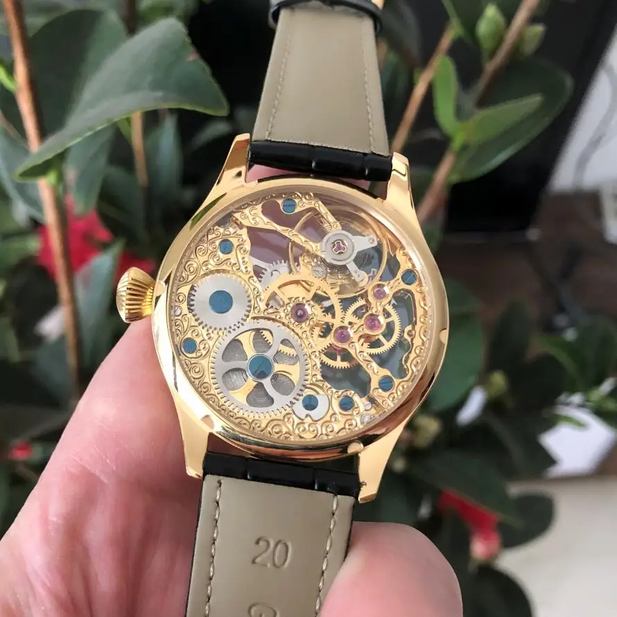 41mm No Logo Mineral Glass Or Sapphire Crystal St3600SK Golden Skeleton Manual Movement Blue Hands Men\'s Pilot Watch GR1116-23A