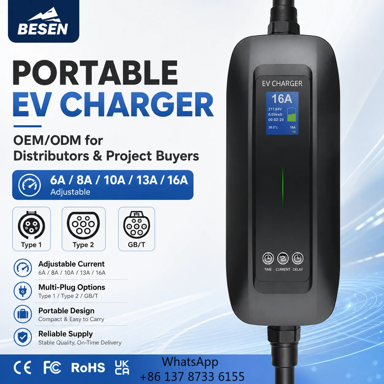 BESEN Max16A Portable Electric Vehicle Charger 5 Meters Type 2 Cable LCD Screen Smart EV Charger With Schuko Plug