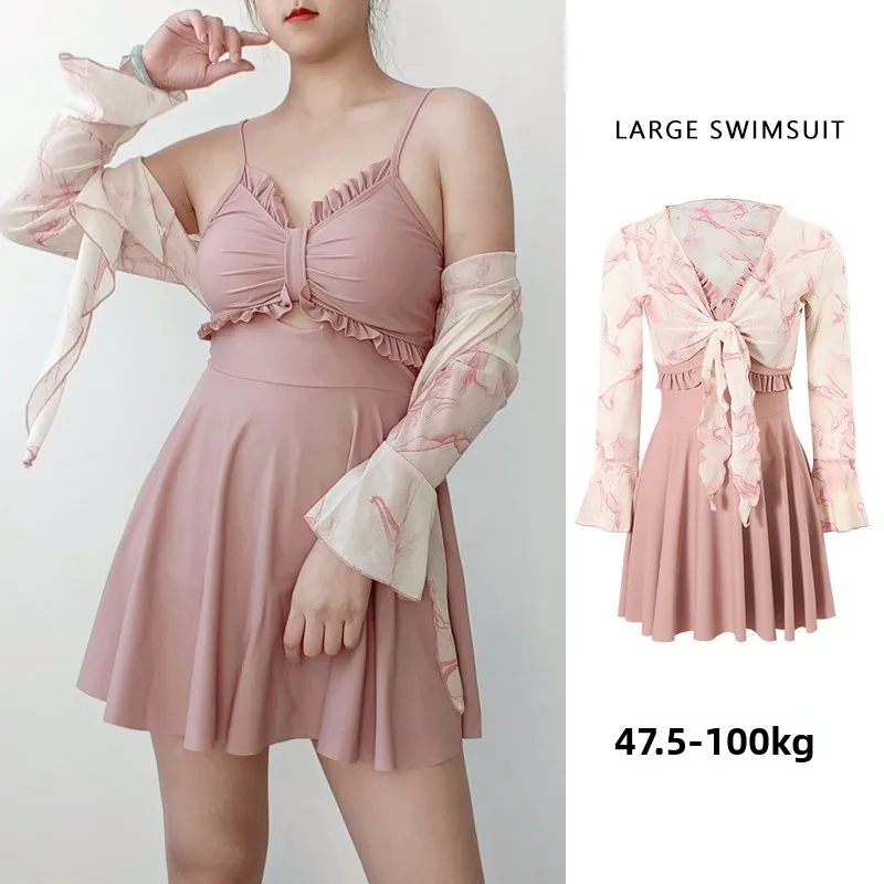 

plus Size Swimsuit Long Sleeve Skirt Style for Hot Springs Beach Casual Swimwear Nylon Spandex Polyester Sun Protec...