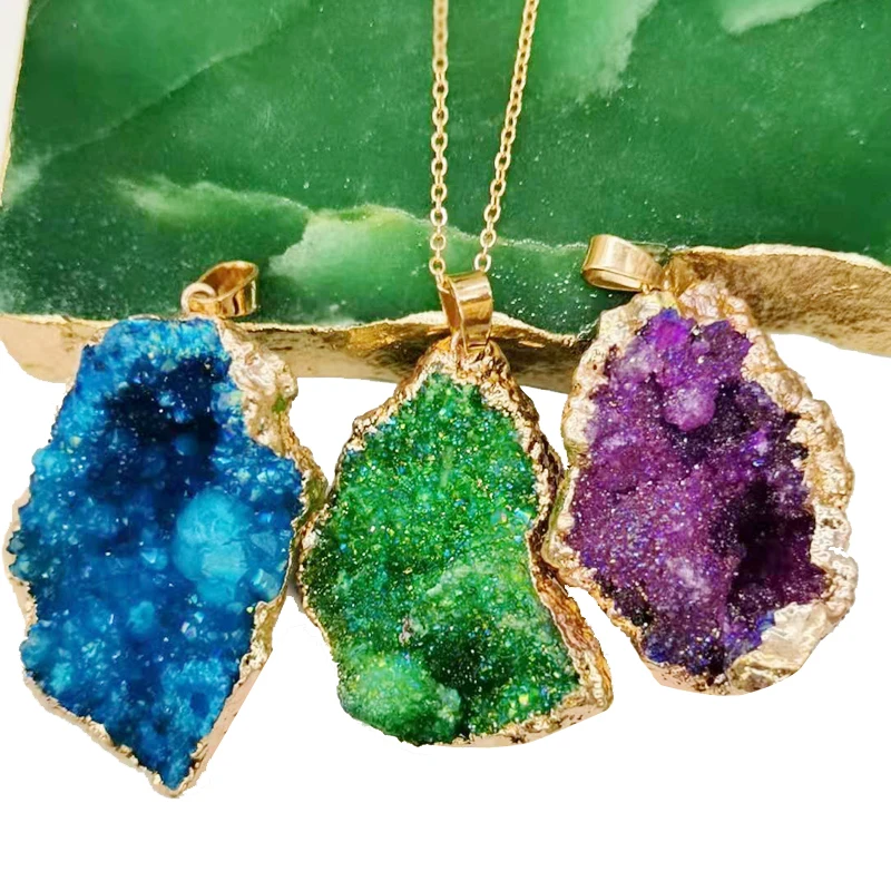 Reiki Healing Crystal Stone Pendant Necklace Irregular Natural Rainbow Stone Necklaces for Women