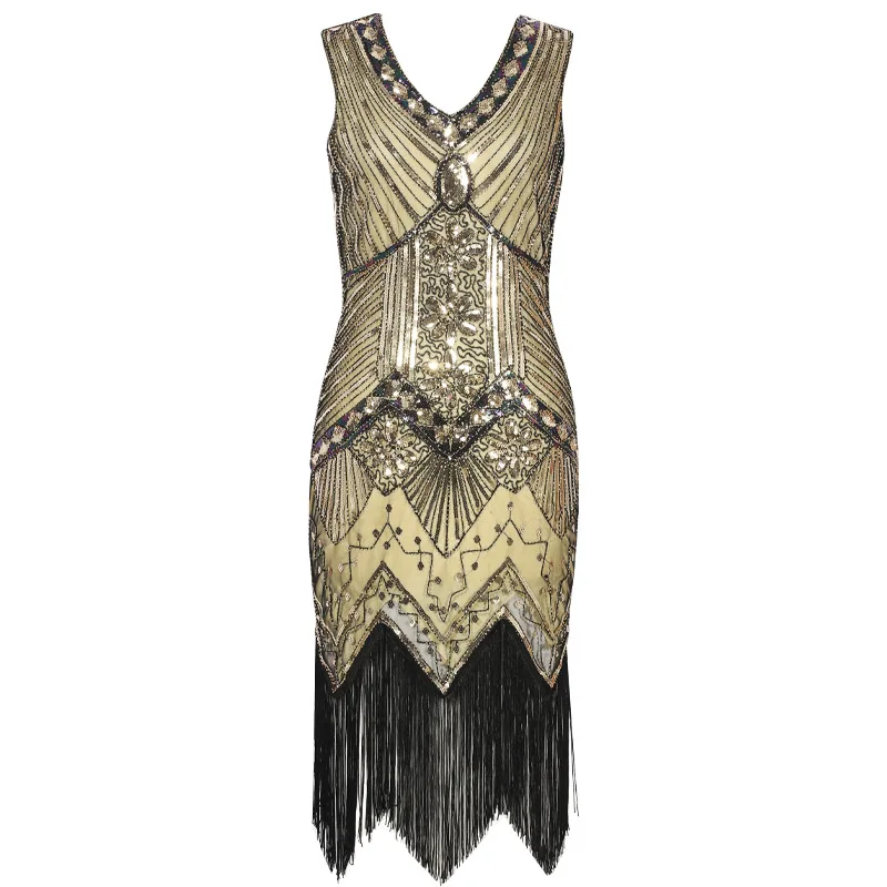 빈티지 드레스 연회 라이트 럭셔리 칵테일 파티 스팽글 술 토스팅 파티 이브닝 ​​드레스 파티 패션 v 넥 민소매