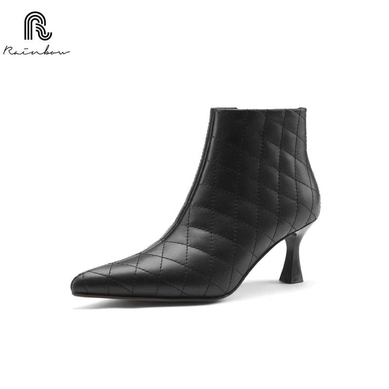 

RAINBOW 33-40 Elegant Ladies Ankle Boots Pointed toe High Heels Winter Leather Women Bottes New Brand Sewing Plaid on Pumps