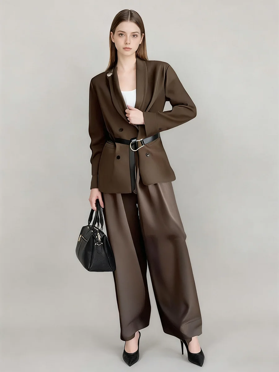 TWOTWINSTYLE Solid Loose Two Piece Sets for Women Lapel Long Sleeves Spliced Double Breasted Blazer Wide Leg Pant Set Female New