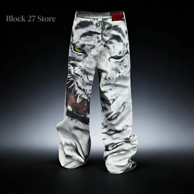 Mens Jeans Harajuku American Streetwear Hip Hop Tiger Print Baggy Denim Pants Y2K Skateboard Punk Straight Wide Leg Fashion New