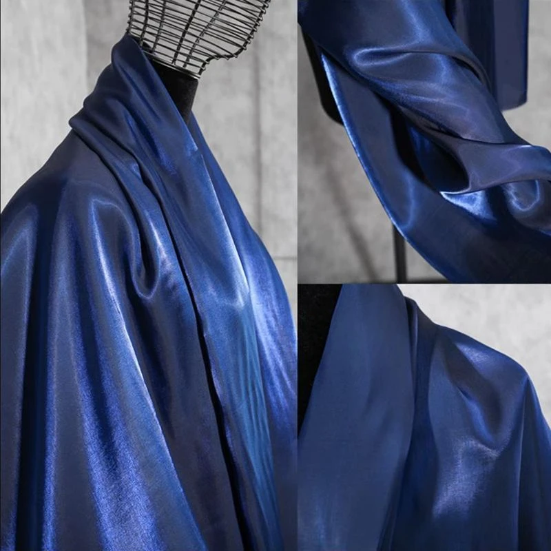Navy Blue Gradient Electric Light Deep Blue Glass Fabric Delicate Silk Smooth Drape Shirt Dress Hanfu Fabric