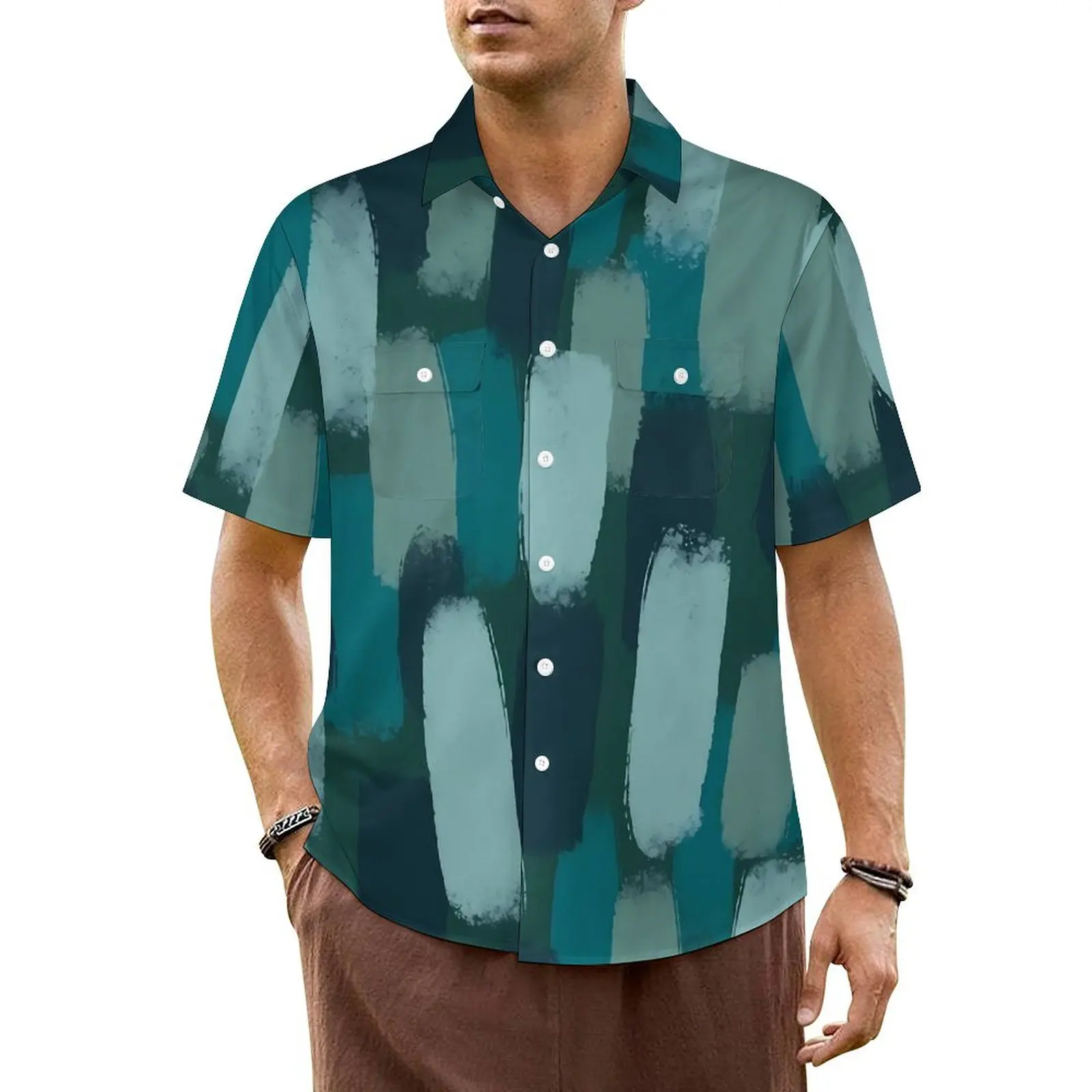 Green Paint Brush Casual Shirt Abstract Shades Classic Hawaii Shirts Male Short-Sleeved Vacation Street Design Oversized Blouses