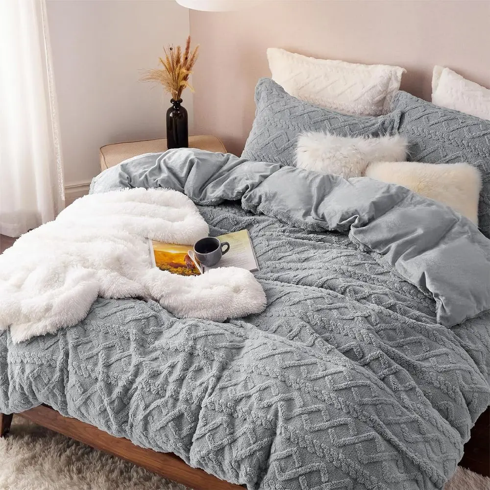 

Queen luy Comorter Set, Grey Plush leece Bed Set, Luxury armhouse Boho Sot Warm Bedding or Winter, 3 Pieces, 1 Comorter (90"x90"