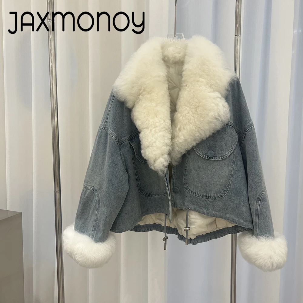 Jaxmonoy jaket panjang wanita kerah rebah bulu domba asli jaket Denim musim dingin mode wanita dengan lapisan bawah keluaran baru