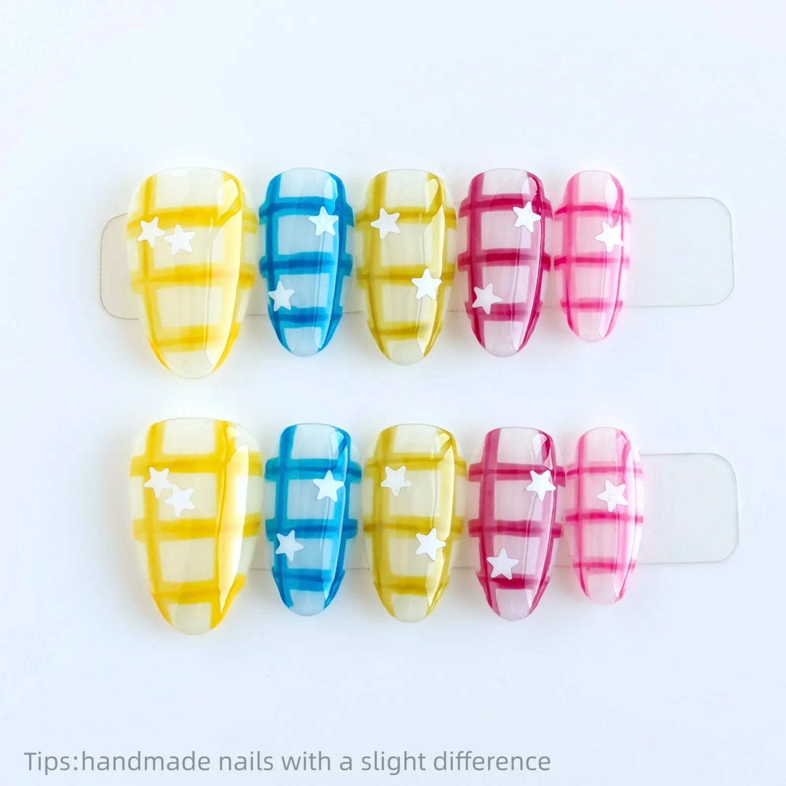 

10pcs Handmade Translucent Plaid Star Press on Nails Wearable Reusable Cute False Nails 2026