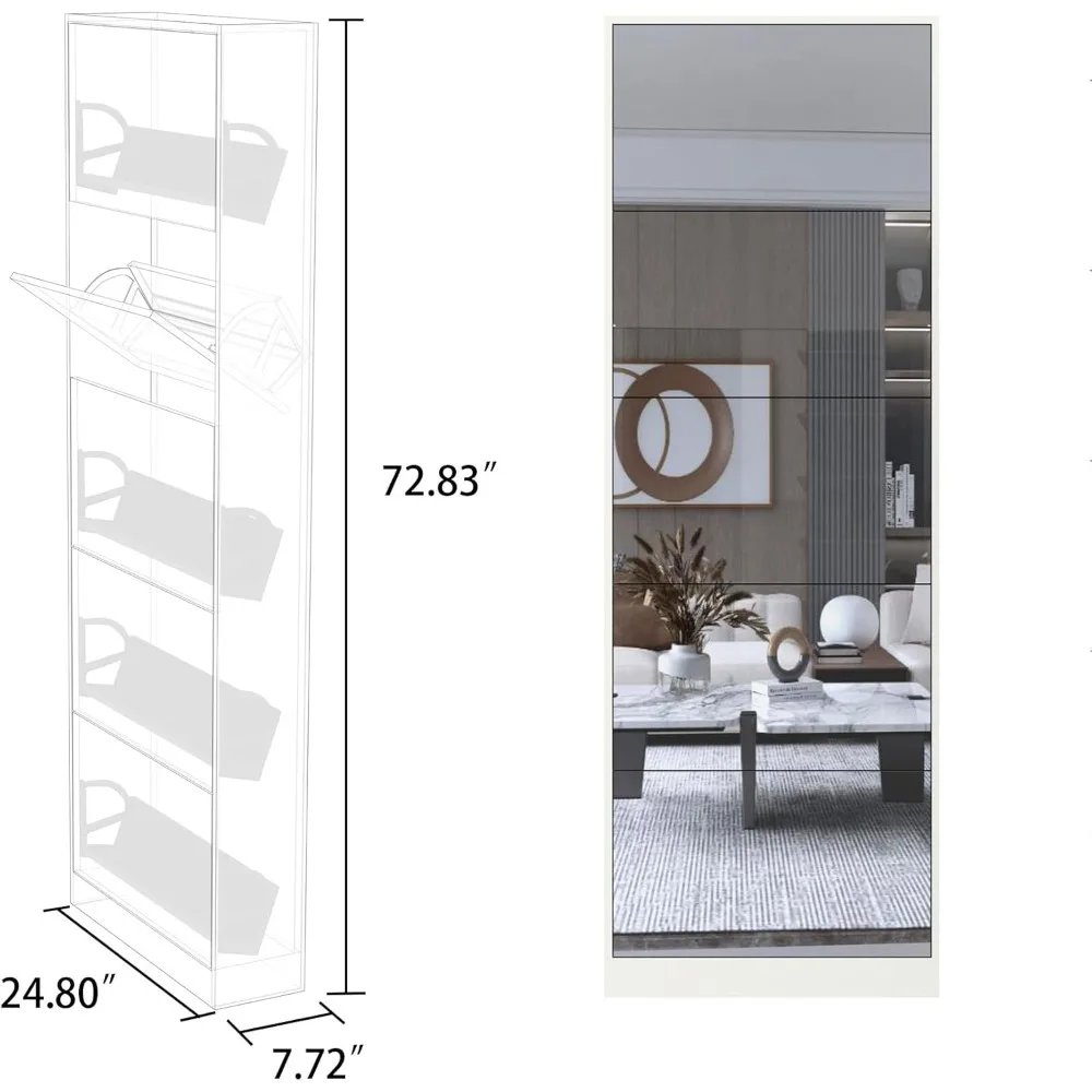 Shoe Cabinet with Mirror Drawers, Freestanding Shoe Rack Organizer with 5 Flip Drawers，Full Length Mirror Shoe Storage Cabinet