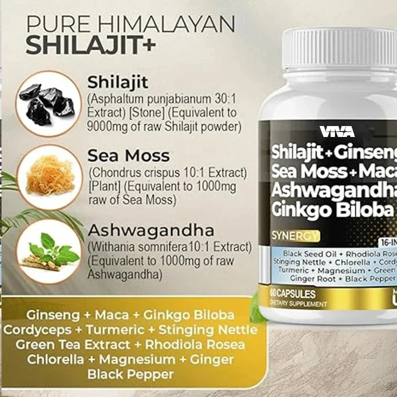 Shilajit Supplement, South African Drunken Eggplant, Seaweed, Rhodiola Rose, Ginkgo Biloba, Trace Mineral Capsules