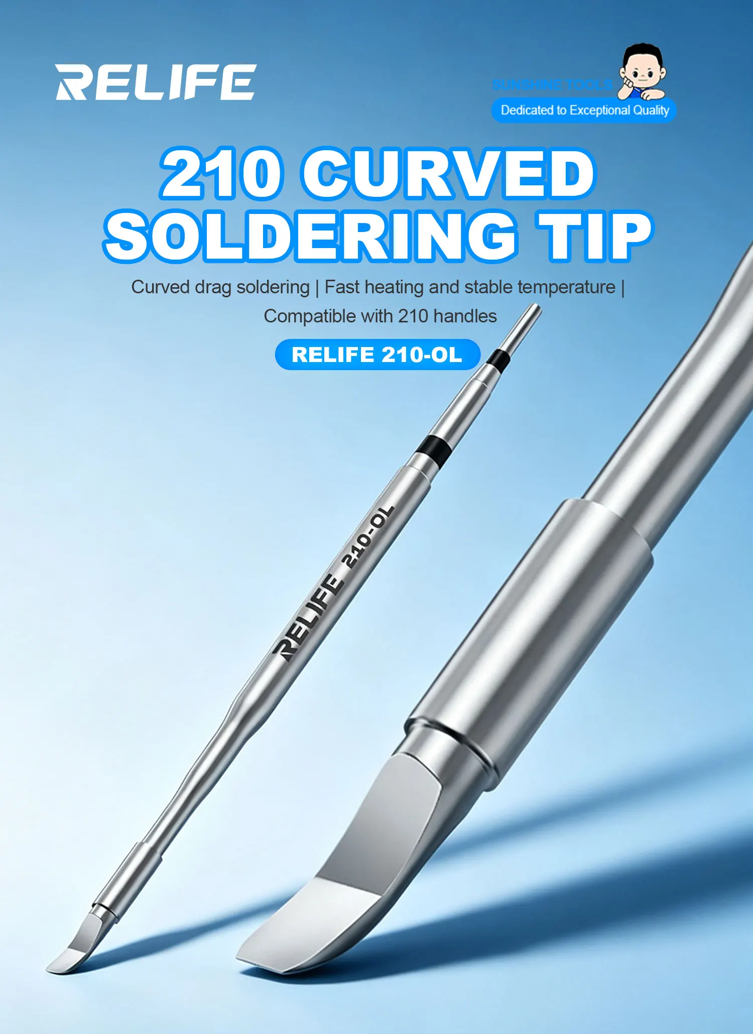 RELIFE 210-OL Curved Drag Soldering Tip Integrated Heating Core for Residual Tin Removal and Motherboard Pad Leveling