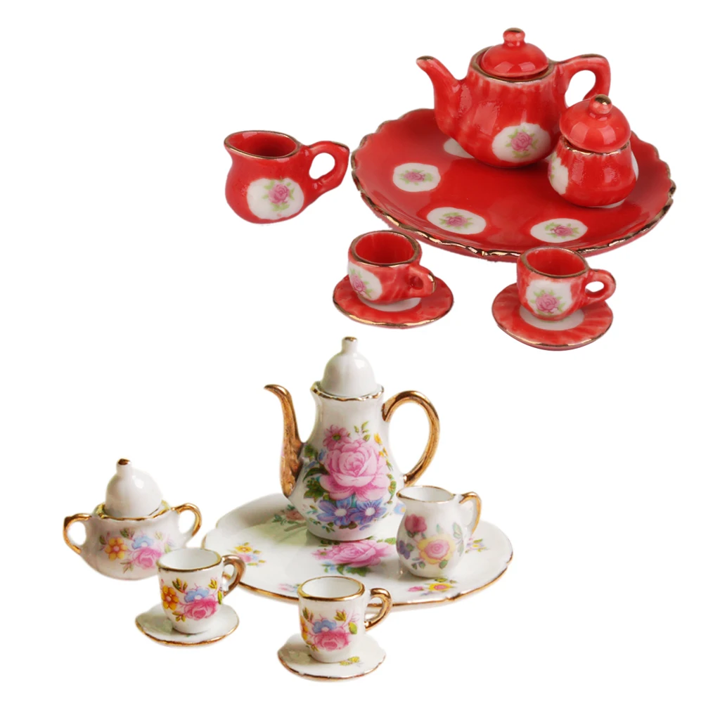 8pcs Dollhouse Miniature Dining Ware Porcelain Tea Set Dish Plate Pink Rose