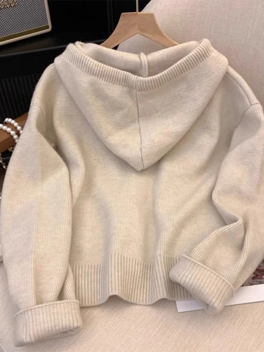 Aprikose Doppel reiß verschlüsse Pullover Frauen Frühling Herbst lose Kapuze Vollarm Cardigans Mantel lässig weibliche Strickwaren