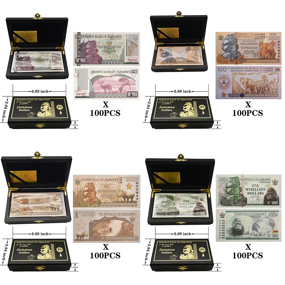 

100pcs/box Zimbabwe dollars Serial Number Paper Money Wooden Box Set with UV Anti-counterfeiting Logo Collection Business Gift