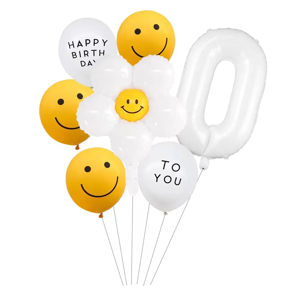 7pcs Smiley Daisy Flower Balloon Kit With 32inch White Number Balloon Children’s Birthday Party Decoration Set Baby Shower