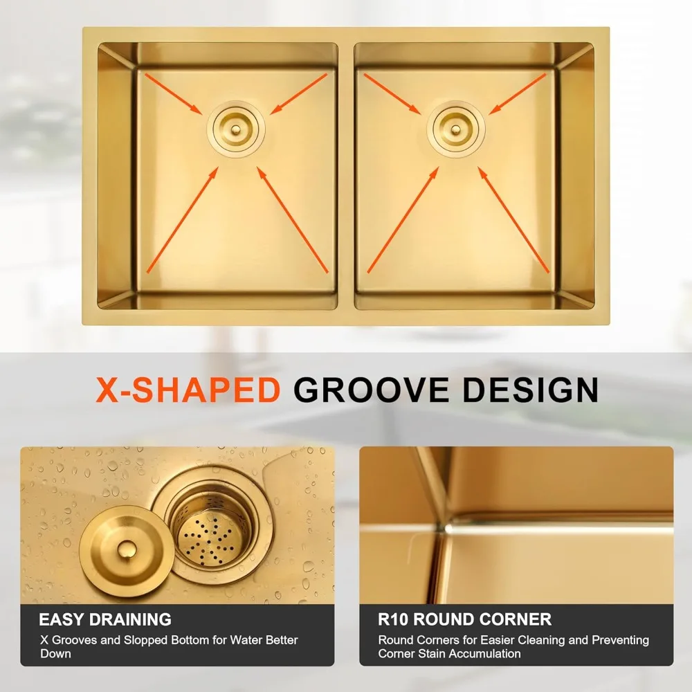 32 Inch Gold Double Bowl Kitchen Sink Undermount 304 Stainless Steel 16 Gauge 50/50 Spacious Double Basin Design Sinks