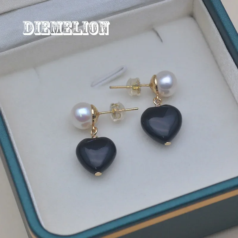 Vintage Natural Freshwater Pearl Earring Heart Shape Black Agate Stud Earrings Pierced and No Pierced for Women Wedding Jewelry