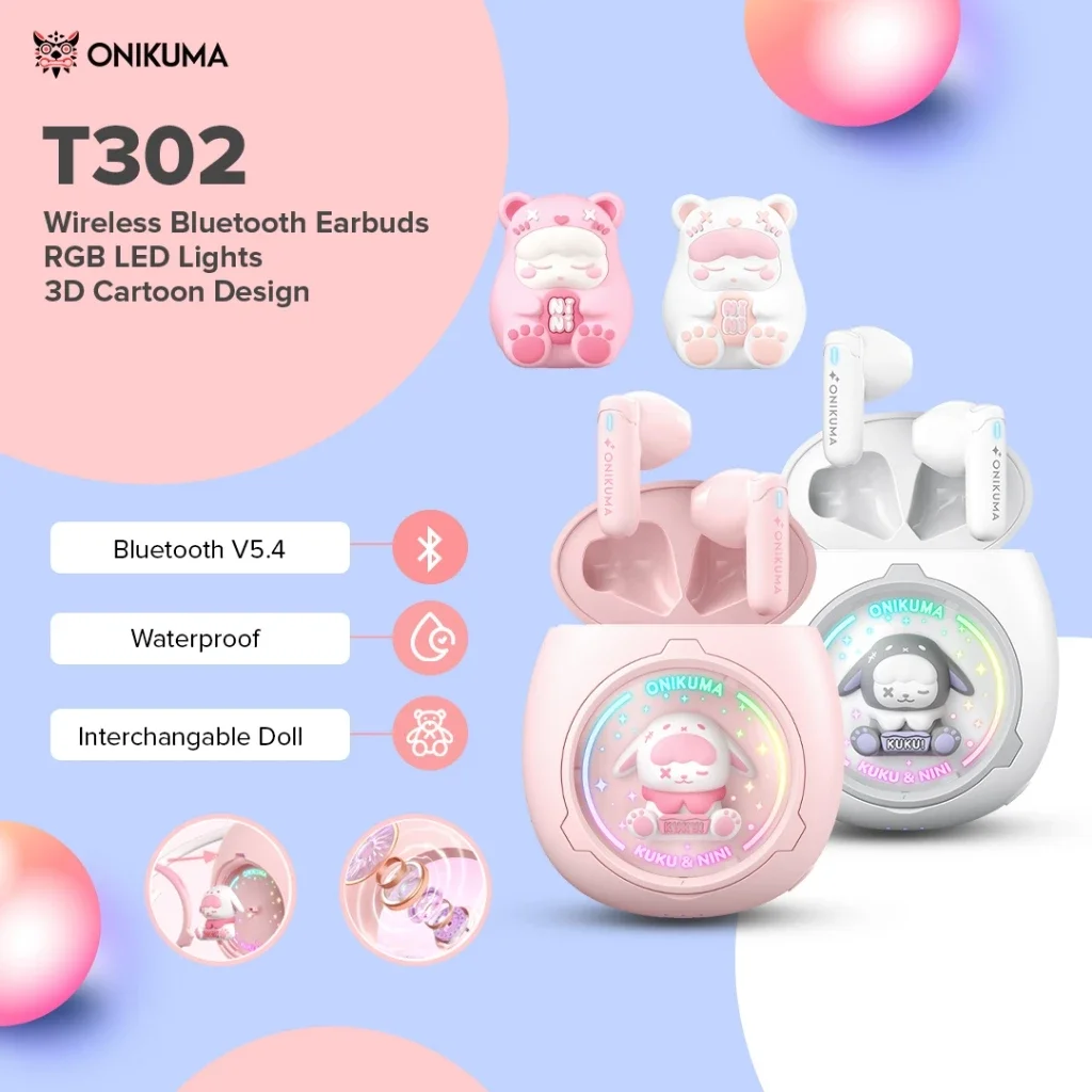 ONIKUMA T302  NEW Cute Pet Space Capsule Wireless BT Headphones: Women's Semi-In-Ear, Noise Cancelling, Music/Sport/Gaming,