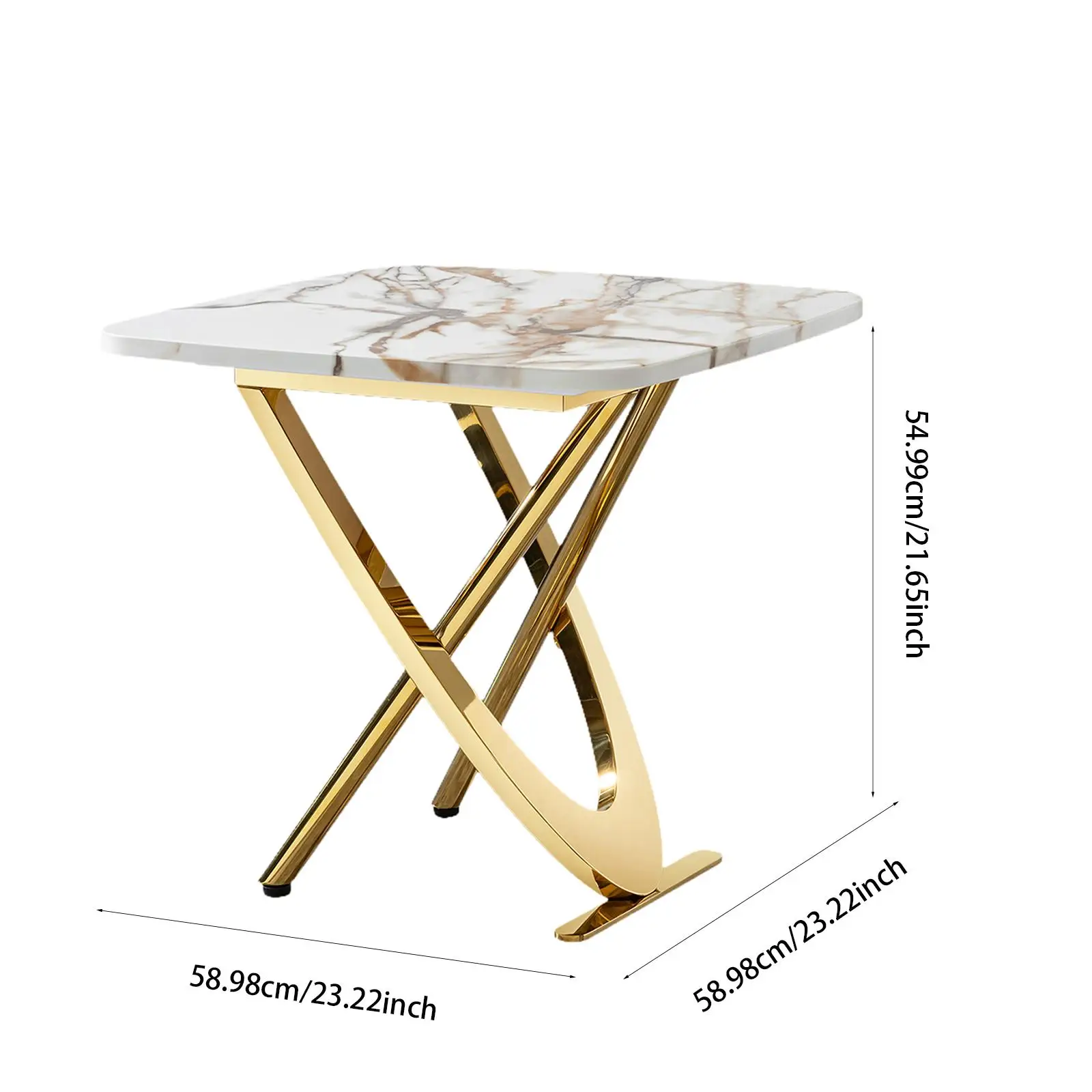 Mesa lateral superior de MDF com padrão de mármore, formato quadrado, base de aço inoxidável dourado