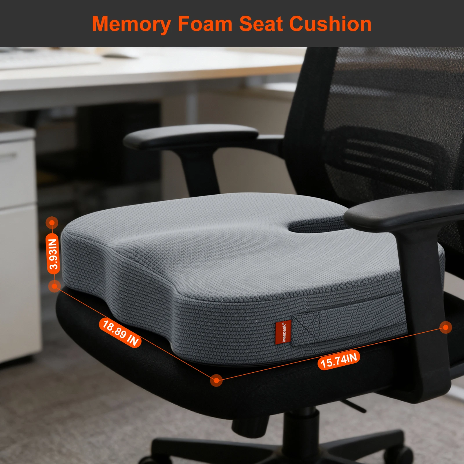 Ergonomic Hollow Out Grey Seat Pad, Breathable Quilted Fabric Cover with Memory Foam, Washable Cushion for Car & Office Chairs