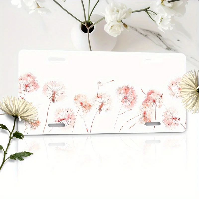 Aluminum Car License Plate - Light Pink & Peach Dandelion Seed Design, Durable Wall-Mounted Decoration for Front Plate