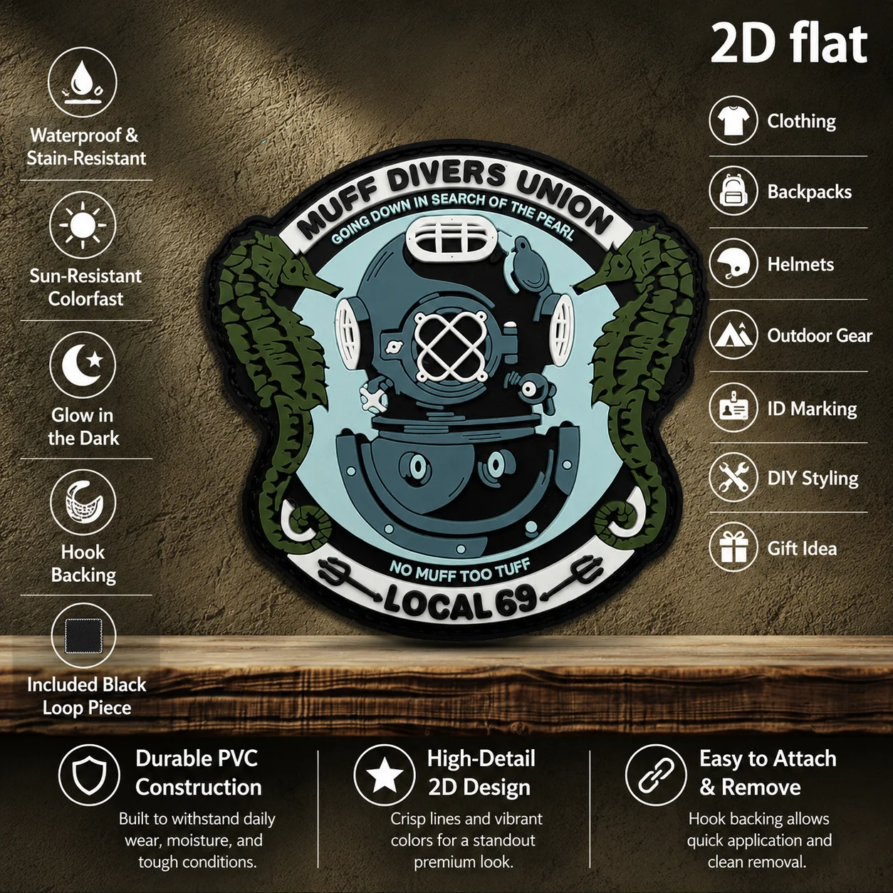 Deep Sea Diving Themed Double Seahorse Round Logo Badge, 2D Flat Pvc Material with Luminous Effect, Magic Tape Patch with Free Backing Material, Specifications Available, 1Pc/2Pcs/3Pcs, Layered 3D Embossed Edge, Not Easy to Come Off, Functional Jacket Personalized Decoration Accessory