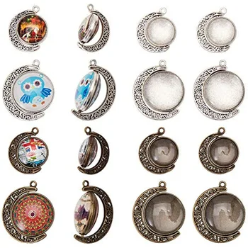 48pcs 2 Size Moon Rotation Double Side Pendant Tray Kit 16pcs Round Blank Bezel Pendant Trays Base Cabochon Settings DIY