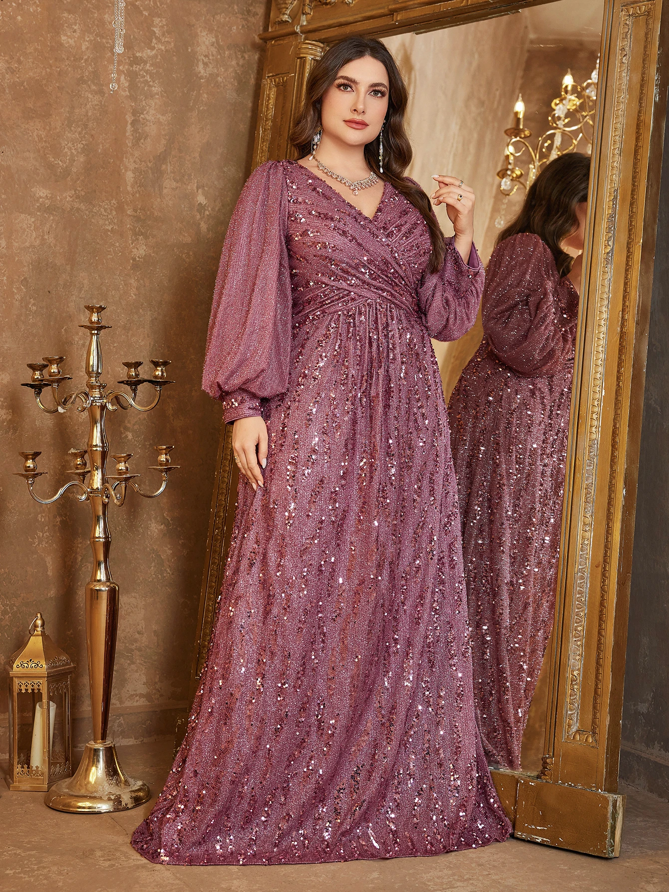 فستان UNITHORSE مقاس كبير للسيدات أنيق مزين بالترتر ورقبة على شكل حرف V وأكمام واسعة وخصر أمامي مناسب بلون سادة للحفلات الرسمية، العروس